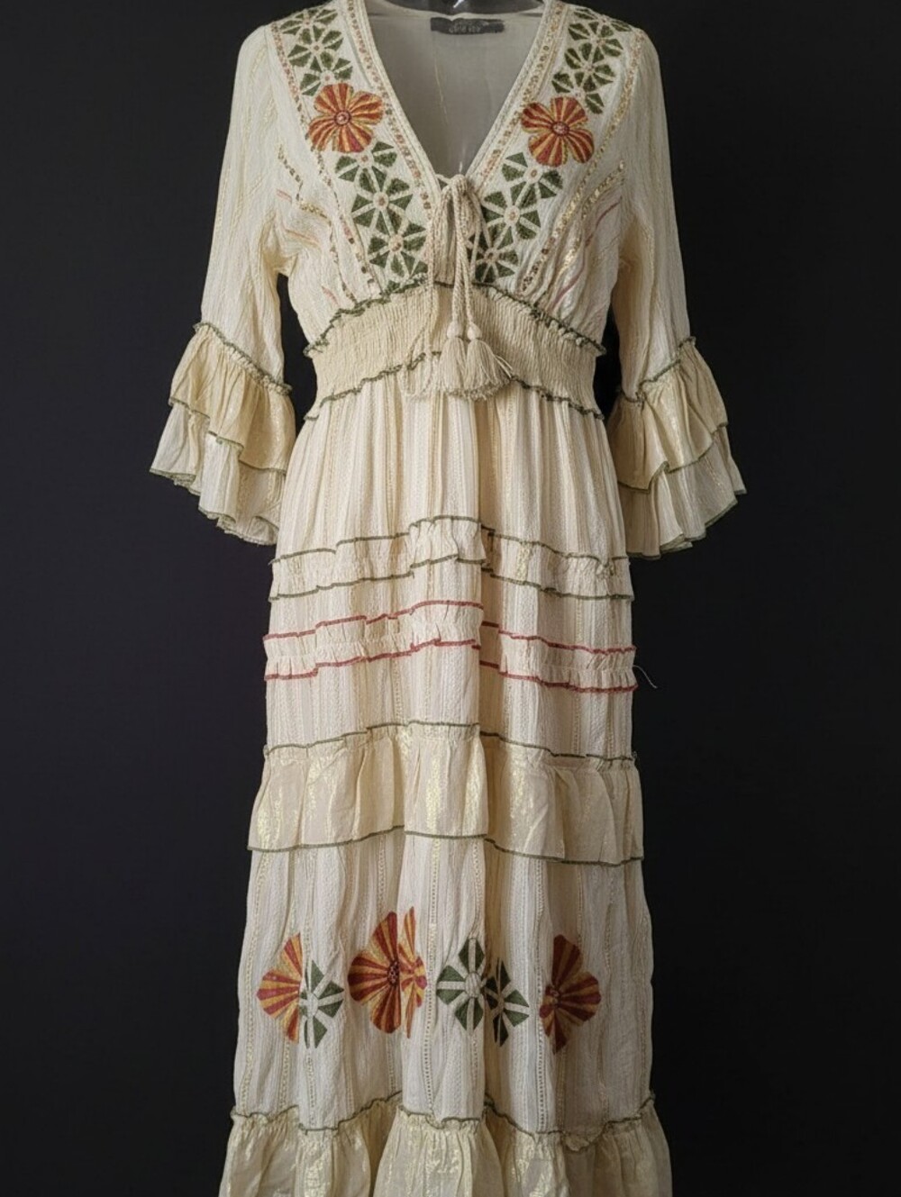 Boho Embroidered Cream Maxi Dress with Floral Motif